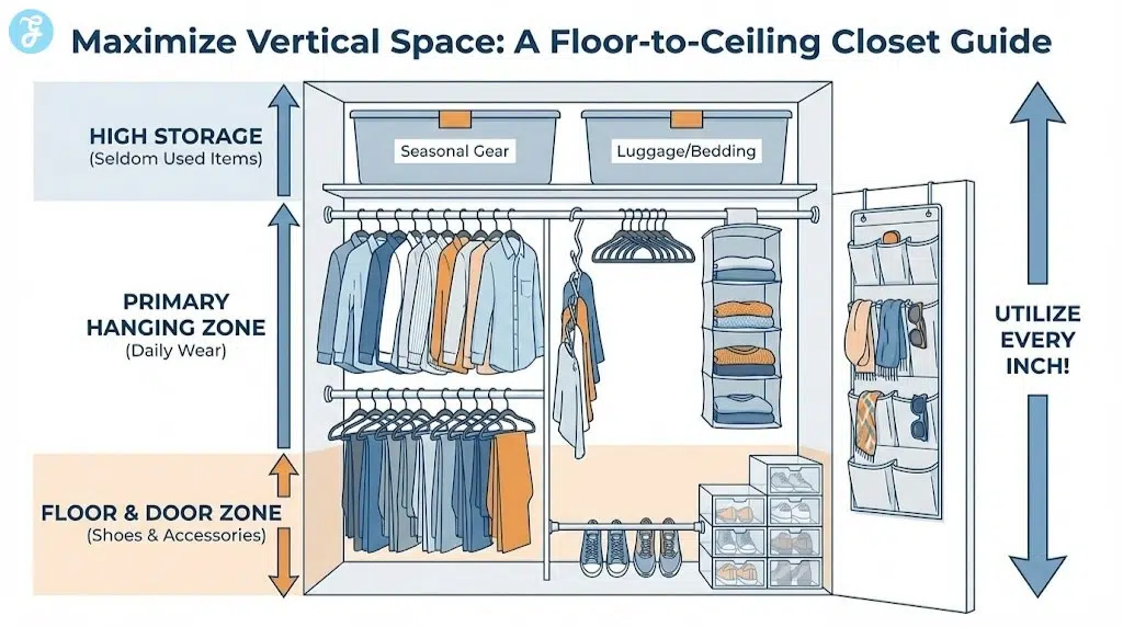 Infographic diagram illustrating how to maximize vertical closet space using high shelf bins, double hanging rods, fabric cubbies, tension rod shoe racks, and over-the-door organizers.