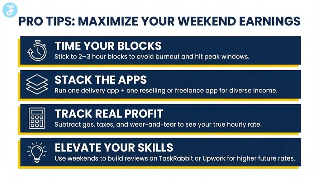 A professional infographic sharing four key strategies to maximize profit and efficiency when using side hustle apps on the weekend.
