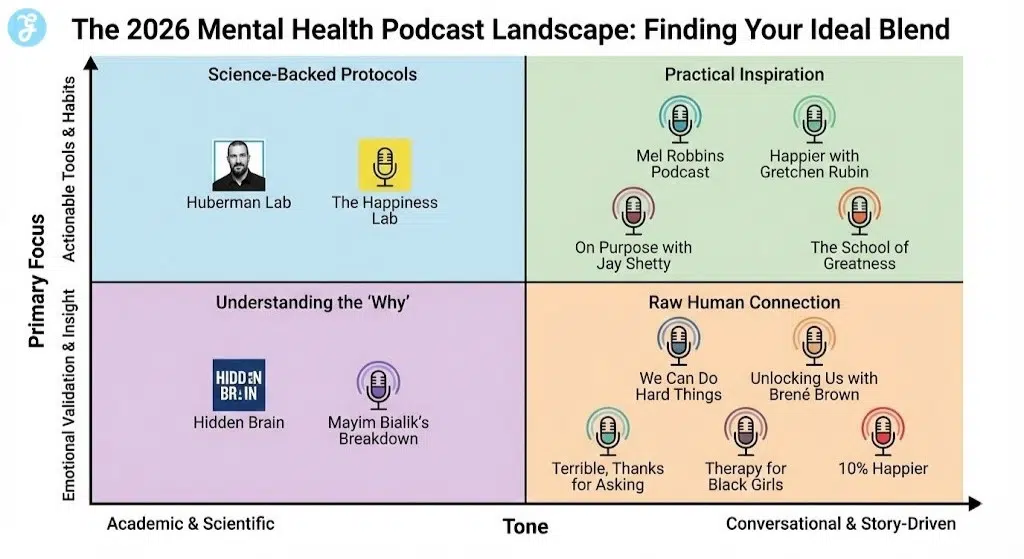 A matrix infographic comparing mental health podcasts based on their 'Tone' (Academic vs. Conversational) and 'Primary Focus' (Actionable Tools vs. Emotional Insight), categorizing shows like 'Huberman Lab' and 'Brené Brown' into distinct quadrants.