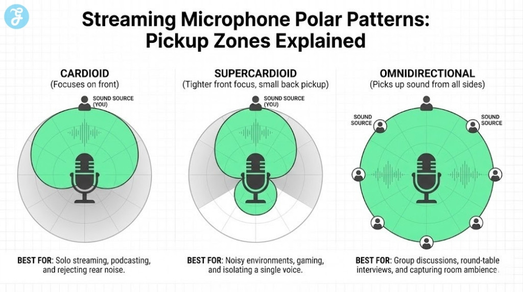 An infographic titled 'Streaming Microphone Polar Patterns: Pickup Zones Explained', showing three top-down microphone diagrams side-by-side. From left to right: 'CARDIOID (Focuses on front)' with a heart-shaped pickup zone in front; 'SUPERCARDIOID (Tighter front focus, small back pickup)' with a narrower front zone and a small rear lobe; and 'OMNIDIRECTIONAL (Picks up sound from all sides)' with a 360-degree circular pickup zone. Each diagram has "BEST FOR" text explaining its ideal use case.