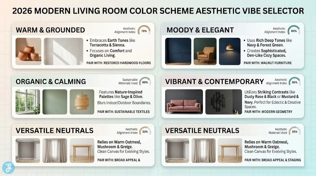 Infographic titled '2026 MODERN LIVING ROOM COLOR SCHEME AESTHETIC VIBE SELECTOR' presenting five distinct horizontal cards stacked vertically. Each card details a synthesized vibe: Warm & Grounded (Terracotta, Sienna), Moody & Elegant (Navy, Forest Green), Organic & Calming (Sage, Olive), Vibrant & Contemporary (contrasts), and Versatile Neutrals (Oatmeal, Mushroom, Greige), with clean icons and material pairing summaries.