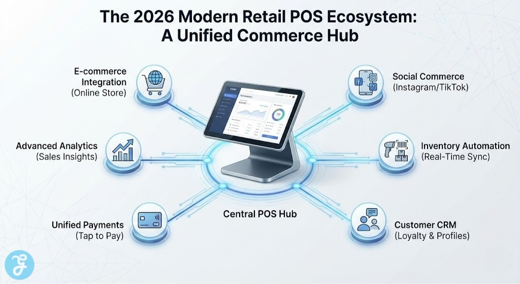 Infographic illustrating a modern 2026 retail POS system as a central hub connecting e-commerce, social sales, inventory, CRM, payments, and analytics for unified commerce.