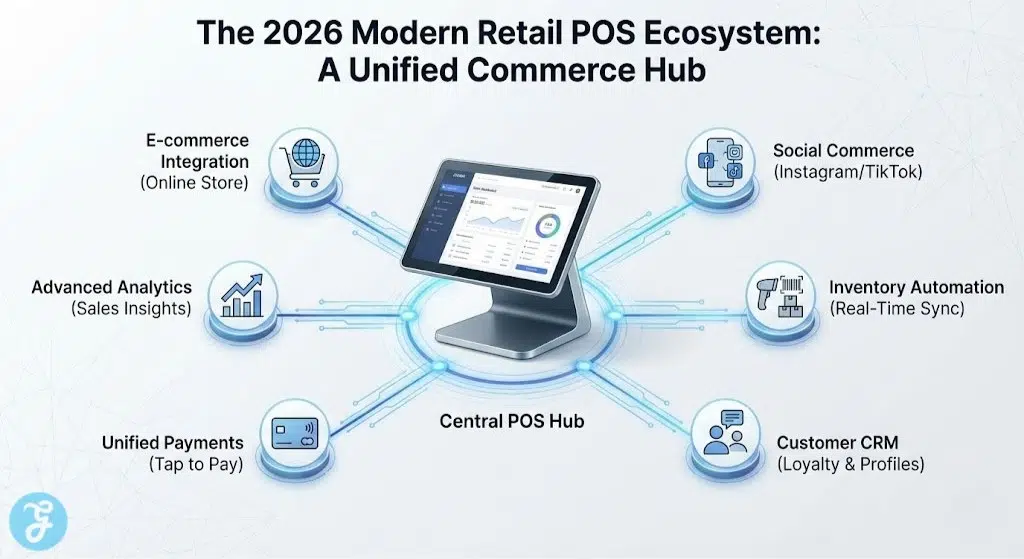Infographic illustrating a modern 2026 retail POS system as a central hub connecting e-commerce, social sales, inventory, CRM, payments, and analytics for unified commerce.