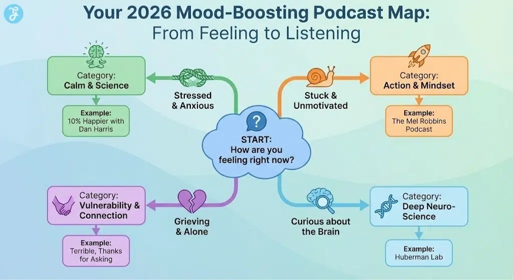 A flowchart infographic titled 'Your 2026 Mood-Boosting Podcast Map', guiding users from feelings like 'Stressed' or 'Stuck' to recommended podcast categories and examples like '10% Happier' and 'The Mel Robbins Podcast'.