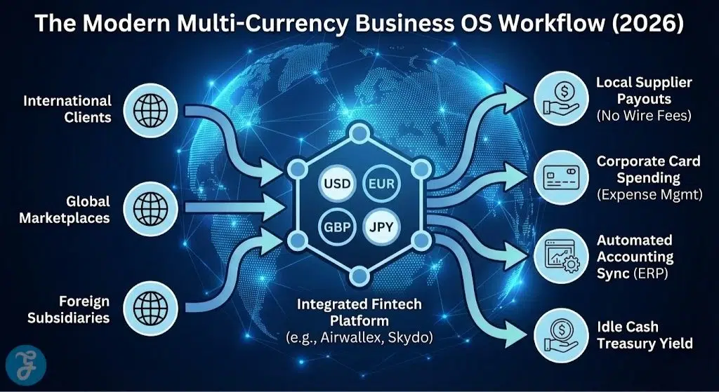 A 16:9 infographic comparison table titled "2026 Business Fintech Alternatives Comparison Matrix". It lists Airwallex, Skydo, Payoneer, Aspire, and Mercury, comparing them across "Best For (Target)", "Key Competitive Advantage", and "Fee Model" columns with corresponding icons.