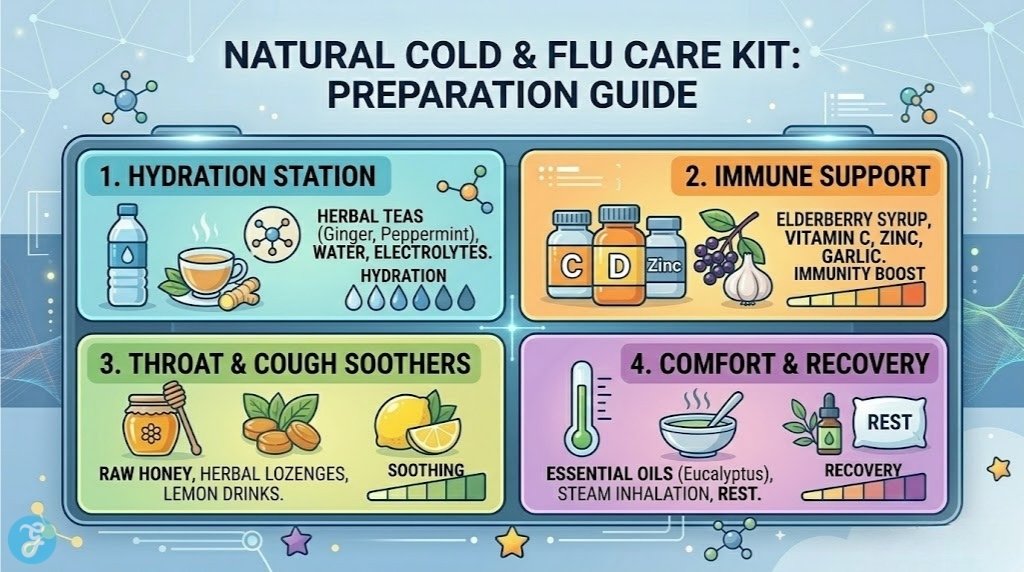 A stunning 16:9 professional infographic titled 'NATURAL COLD & FLU CARE KIT: PREPARATION GUIDE'. A large stylized digital 'kit', divided into four organized 'drawers', acts as a parent's and adult's Conceptual Guide. Four sections use blues, greens, oranges, and purples with unique icons and bold headers: 'HYDRATION STATION' (Herbal Teas, Water), 'IMMUNE SUPPORT' (Elderberry, Zinc, Garlic), 'THROAT & COUGH SOOTHERS' (Raw Honey, Herbal Lozenges), 'COMFORT & RECOVERY' (Essential Oils, Steam, Rest). The rating scales are clean and intuitive. Connected by glowing paths and light particles. High fidelity text, organized by bold headers. Subtle molecule shapes.