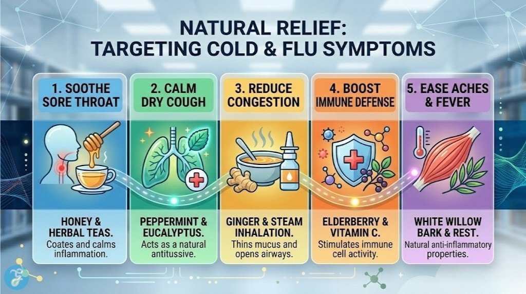 A stunning 16:9 professional infographic titled 'NATURAL RELIEF: TARGETING COLD & FLU SYMPTOMS'. Five horizontal panels, using blues, greens, oranges, and purples, provide a clean digital guide with unique icons. Panels connect specific symptoms (SOOTHE SORE THROAT, CALM DRY COUGH, REDUCE CONGESTION, BOOST IMMUNE DEFENSE, EASE ACHES & FEVER) to corresponding natural remedy ingredients (Honey/Tea, Peppermint/Eucalyptus, Ginger/Steam, Elderberry/Vitamin C, Willow Bark). The modern style includes subtle glassmorphism and glowing accents.