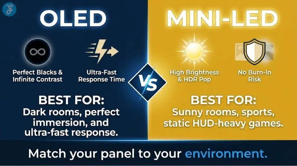 A side-by-side comparison infographic of OLED and Mini-LED technologies for gaming, highlighting room brightness and contrast benefits. 2. Top 4K Gaming TVs At-A-Glance