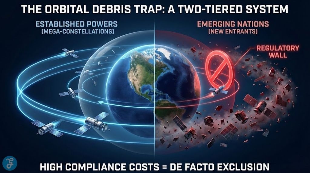 Orbital coloniality infographic showing a two-tiered system where established powers have clean orbits and emerging nations face a regulatory wall of debris.