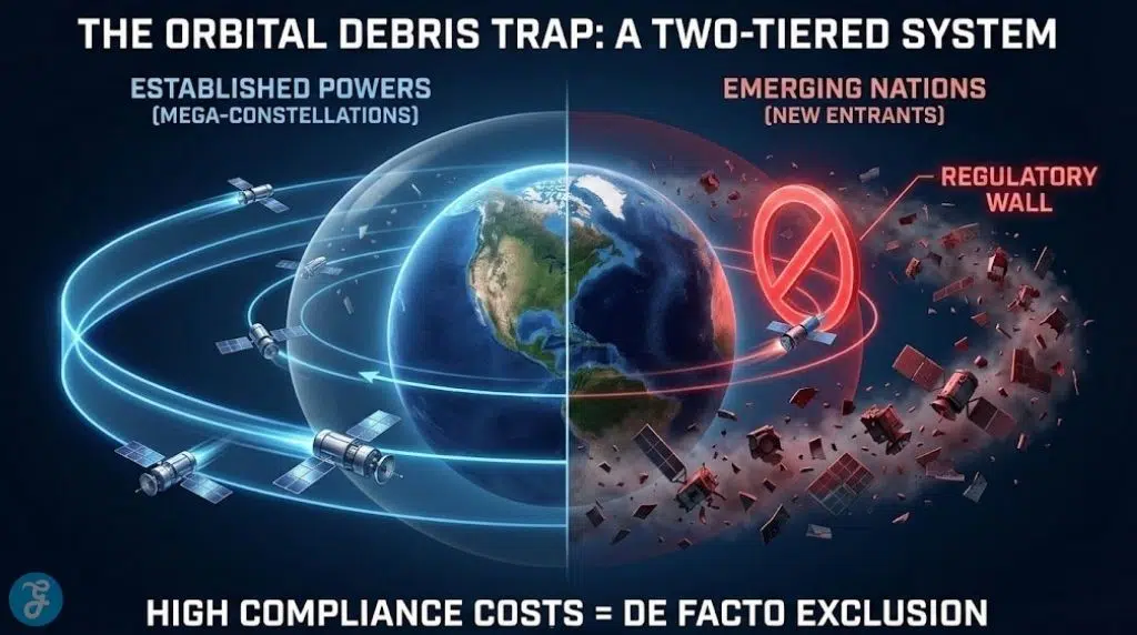 Orbital coloniality infographic showing a two-tiered system where established powers have clean orbits and emerging nations face a regulatory wall of debris.