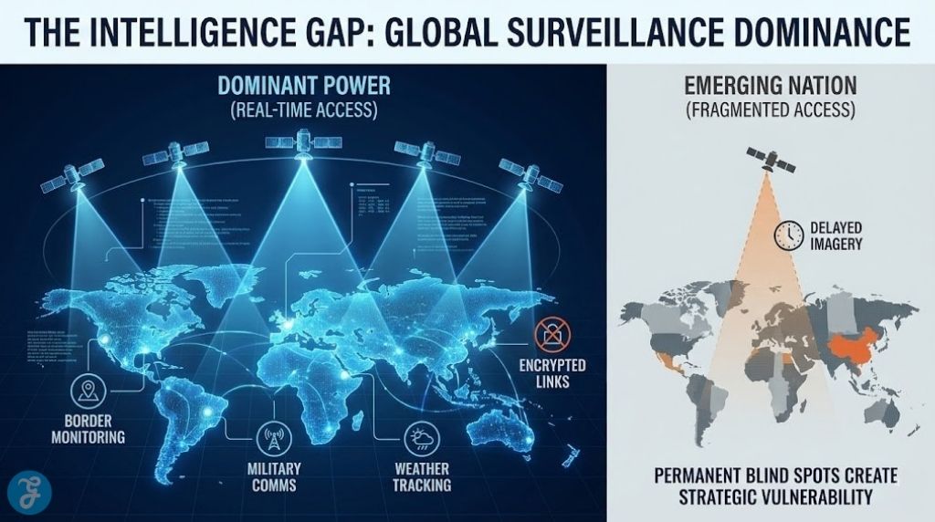 Infographic showing the intelligence gap in orbital coloniality, with dominant powers having real-time global surveillance and emerging nations having fragmented, delayed access.