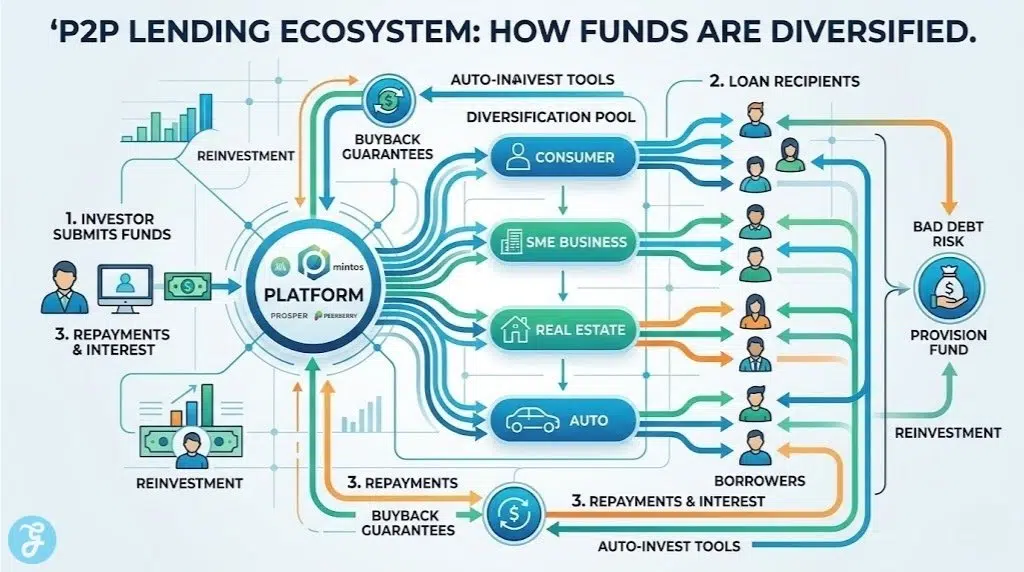 Infographic titled 'P2P LENDING ECOSYSTEM: HOW FUNDS ARE DIVERSIFIED' illustrating the flow of funds from investor through a platform (with example logos like Mintos, Prosper, PeerBerry) into diversified consumer, SME, real estate, and auto loan pools, with return paths via buyback guarantees and auto-invest tools.