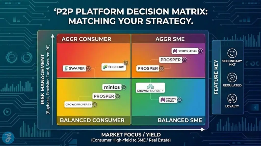 Infographic matrix titled 'P2P PLATFORM DECISION MATRIX: MATCHING YOUR STRATEGY' plotting P2P platforms like Swaper, PeerBerry, Mintos, and CrowdProperty across quadrants of Risk Management (Buyback, Secured RE) and Market Focus (Consumer High-Yield to SME / Real Estate), with feature keys for secondary market and regulation.