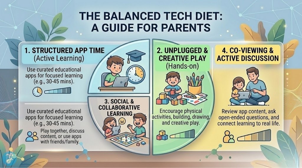 A professional landscape infographic titled 'THE BALANCED TECH DIET: A GUIDE FOR PARENTS'. The clean, modern digital guide uses a structured plate model to advise parents on integrating educational apps. It shows four sections: 'STRUCTURED APP TIME (Active Learning)', 'UNPLUGGED & CREATIVE PLAY (Hands-on)', 'SOCIAL & COLLABORATIVE LEARNING', and 'CO-VIEWING & ACTIVE DISCUSSION', each with a relevant icon and descriptive text.