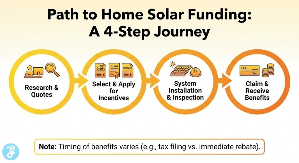 A 16:9 flowchart infographic titled "Path to Home Solar Funding: A 4-Step Journey," showing the steps: 1. Research & Quotes, 2. Select & Apply for Incentives, 3. System Installation & Inspection, and 4. Claim & Receive Benefits, with a note on timing variations.