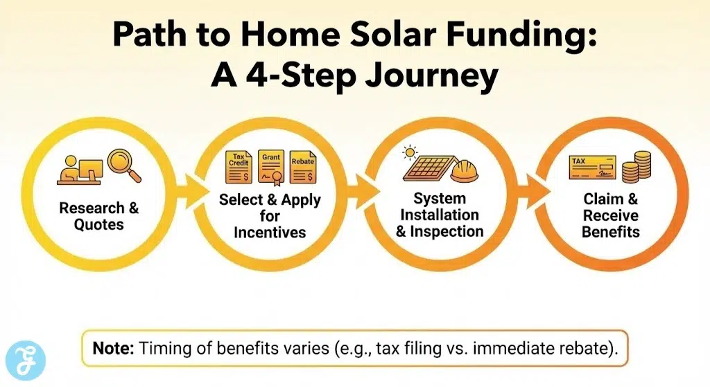 A 16:9 flowchart infographic titled "Path to Home Solar Funding: A 4-Step Journey," showing the steps: 1. Research & Quotes, 2. Select & Apply for Incentives, 3. System Installation & Inspection, and 4. Claim & Receive Benefits, with a note on timing variations.
