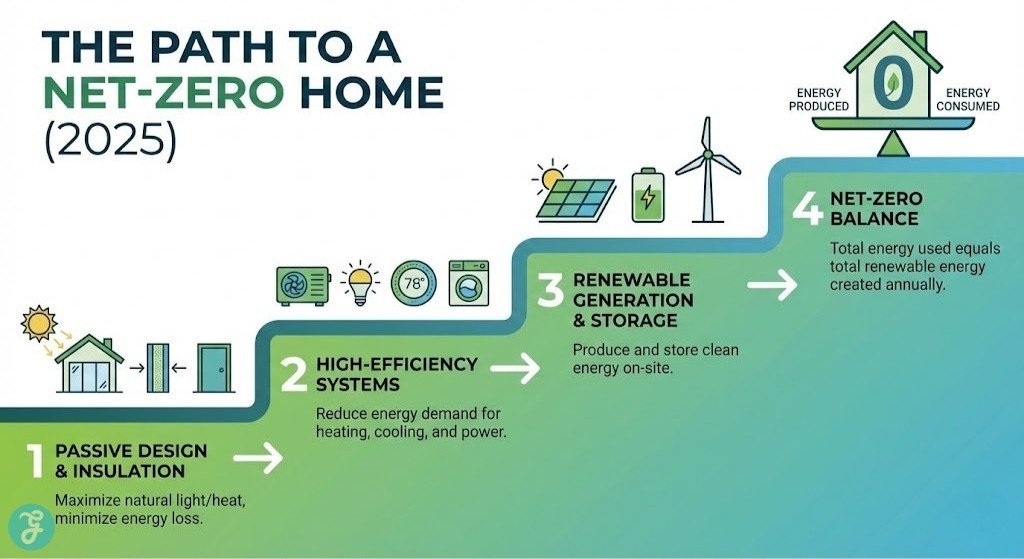 A 16:9 infographic titled "The Path to a Net-Zero Home (2025)." It shows a four-stage process: 1. Passive Design & Insulation, 2. High-Efficiency Systems, 3. Renewable Generation & Storage, and 4. Net-Zero Balance. Each stage has icons and a brief description, illustrating the journey from energy conservation to energy balance.