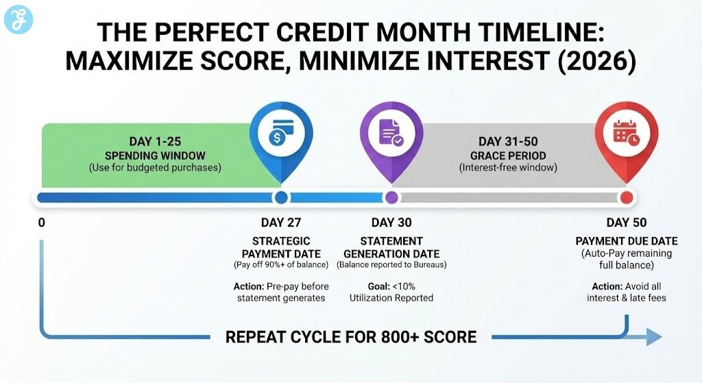 A 16:9 timeline infographic titled "The Perfect Credit Month Timeline: Maximize Score, Minimize Interest (2026)." It visualizes a 50-day cycle, highlighting a "Spending Window" (Days 1-25), a "Strategic Payment Date" (Day 27) to lower reported utilization, the "Statement Generation Date" (Day 30), and the final "Payment Due Date" (Day 50) for the remaining balance.