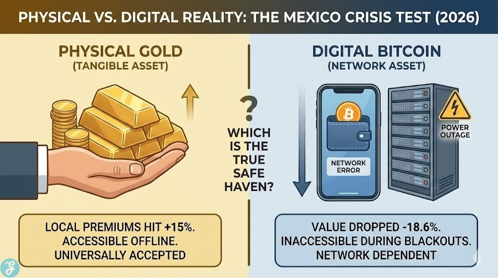 Infographic comparing physical gold and digital Bitcoin during the 2026 Mexico crisis, showing gold's value rising while Bitcoin falls due to network dependency.