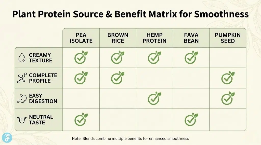 Infographic matrix comparing plant protein sources like pea, rice, hemp, fava bean, and pumpkin seed based on benefits like creamy texture, complete profile, digestibility, and neutral taste.