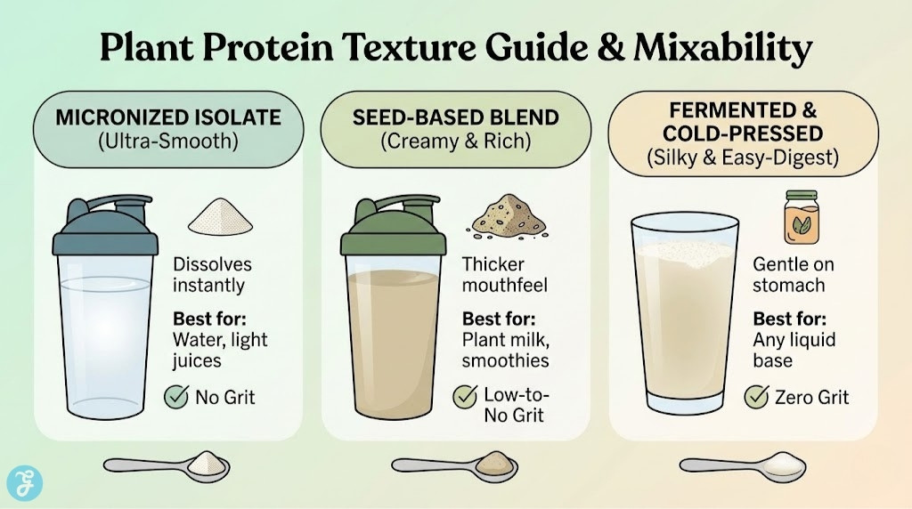 Infographic guide illustrating the texture and mixability of micronized, seed-based, and fermented plant protein powders with different liquids like water and plant milk.