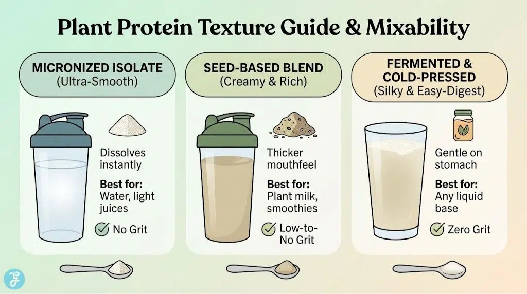 Infographic guide illustrating the texture and mixability of micronized, seed-based, and fermented plant protein powders with different liquids like water and plant milk.