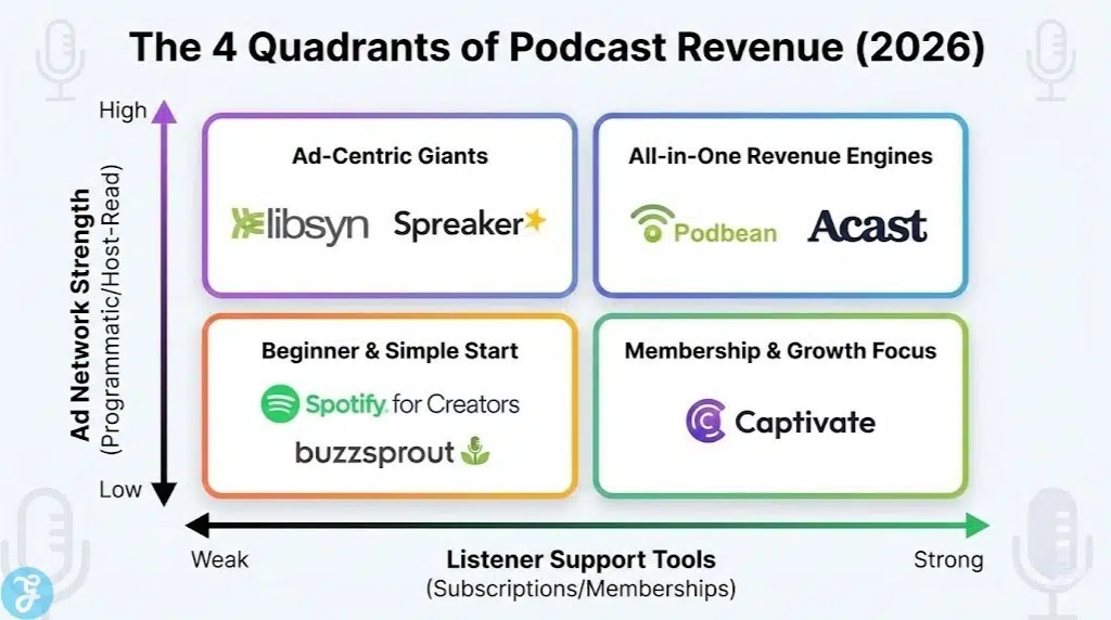 A visual matrix infographic titled 'The 4 Quadrants of Podcast Revenue (2026)', plotting platforms like Podbean, Libsyn, and Captivate based on their Ad Network Strength (High vs. Low) and Listener Support Tools (Strong vs. Weak).