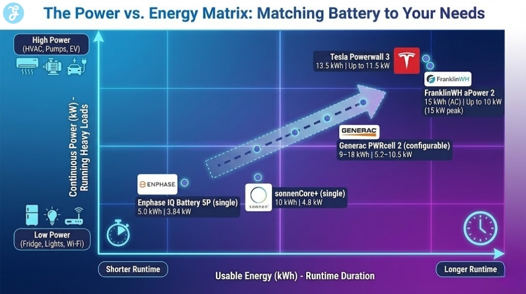 A quadrant chart titled "The Power vs. Energy Matrix". The Y-axis tracks Continuous Power (kW) and the X-axis tracks Usable Energy (kWh). Tesla Powerwall 3 and FranklinWH are plotted in the top-right (High Power/Long Runtime), while Enphase is in the bottom-left (Modular start).