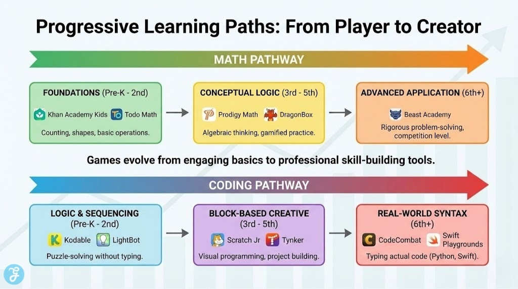 Flowchart infographic showing progressive learning paths for math and coding games, from foundational skills in Pre-K to advanced application and real-world syntax in 6th grade and beyond, using example games from the article.