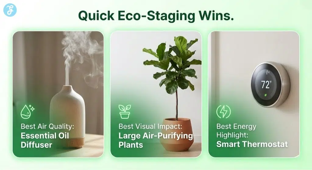 Infographic highlighting three quick eco-friendly staging tips: using an essential oil diffuser for air quality, adding large plants for visual impact, and installing a smart thermostat for energy efficiency.
