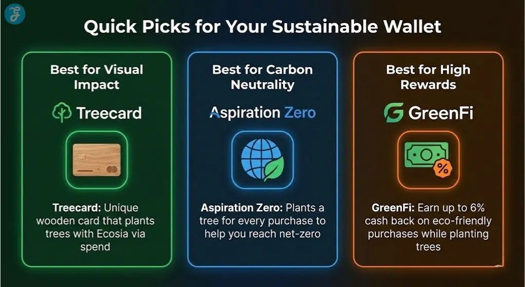 Infographic showing quick picks for sustainable credit cards: Treecard for visual impact, Aspiration Zero for carbon neutrality, and GreenFi for high rewards.