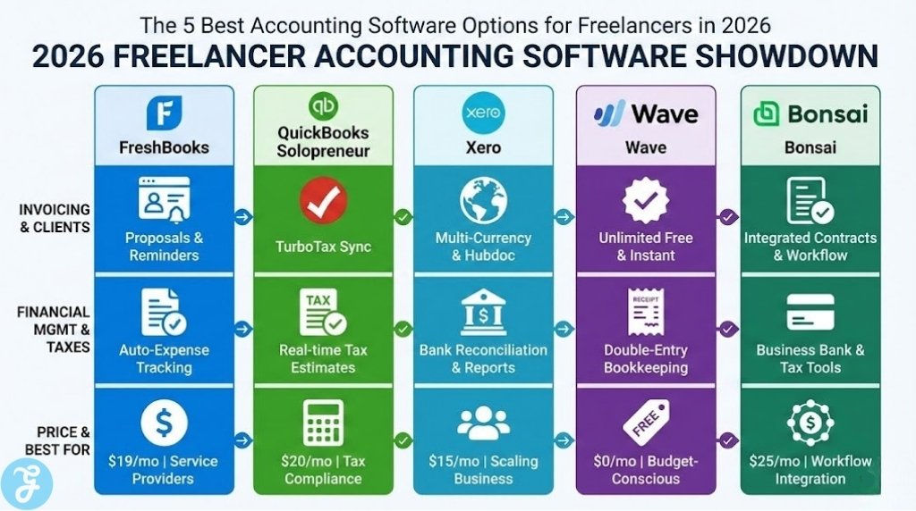 Infographic titled "2026 Freelancer Accounting Software Showdown," comparing the key features, tax tools, and pricing of FreshBooks, QuickBooks Solopreneur, Xero, Wave, and Bonsai to help freelancers choose the best option.
