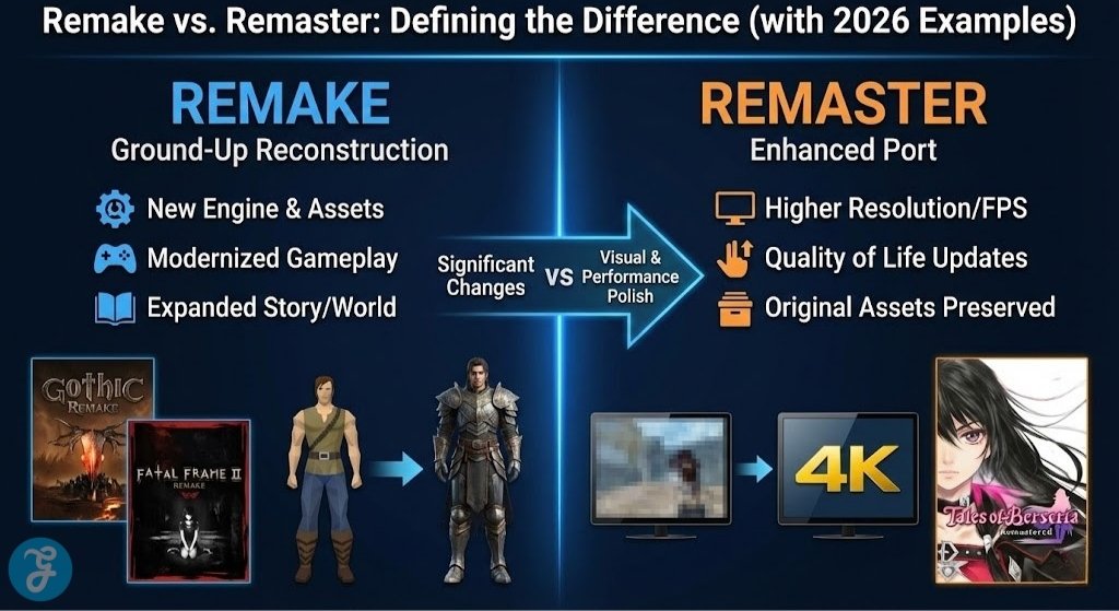 A 16:9 side-by-side infographic comparing "Remake" (Ground-Up Reconstruction with new engine/assets, e.g., Gothic) and "Remaster" (Enhanced Port with higher resolution/FPS, e.g., Tales of Berseria). It uses visual examples of character models and screen resolution to illustrate the differences.