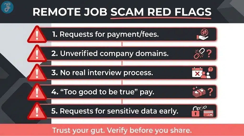 A safety-focused infographic listing common red flags for remote job scams, including payment requests and unverified recruiters.