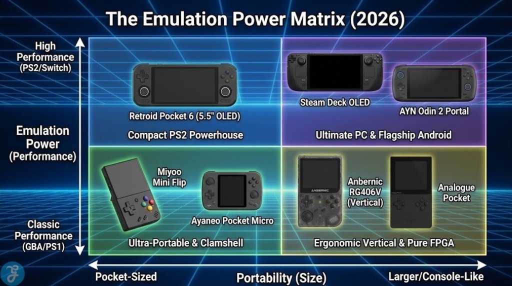 A visual matrix infographic titled 'The Emulation Power Matrix (2026)', plotting retro handhelds like the Retroid Pocket 6 and Steam Deck OLED based on their emulation power (High vs. Classic) and physical portability (Pocket-Sized vs. Larger).
