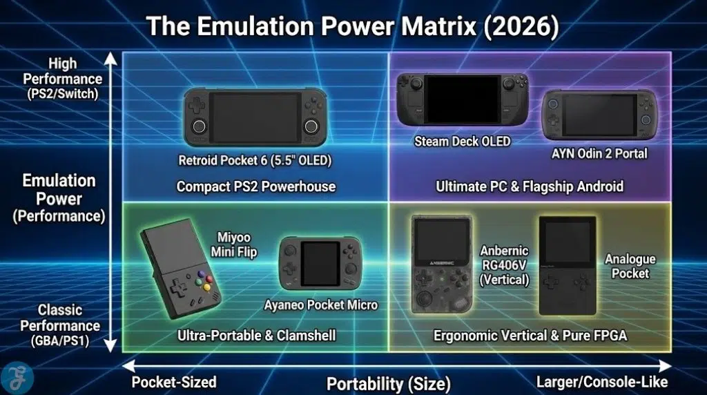 A visual matrix infographic titled 'The Emulation Power Matrix (2026)', plotting retro handhelds like the Retroid Pocket 6 and Steam Deck OLED based on their emulation power (High vs. Classic) and physical portability (Pocket-Sized vs. Larger).