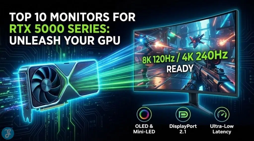 High-tech banner titled 'Top 10 Monitors for RTX 5000 Series: Unleash Your GPU'. It illustrates a futuristic RTX 5000 graphics card connecting to a curved gaming monitor displaying a sci-fi battle. Icons highlight key 2026 specs: '8K 120Hz / 4K 240Hz Ready', 'OLED & Mini-LED', and 'DisplayPort 2.1'.
