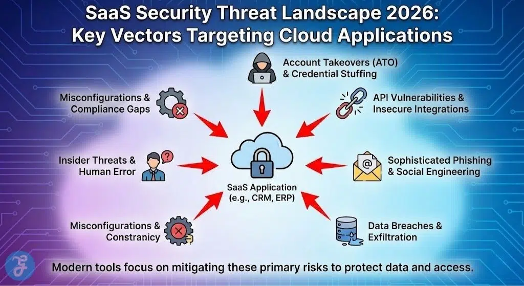 A 16:9 infographic illustrating the 2026 SaaS security threat landscape. A central SaaS application icon is surrounded by red arrows from threat vectors: Account Takeovers, API Vulnerabilities, Phishing, Data Breaches, Insider Threats, and Misconfigurations.