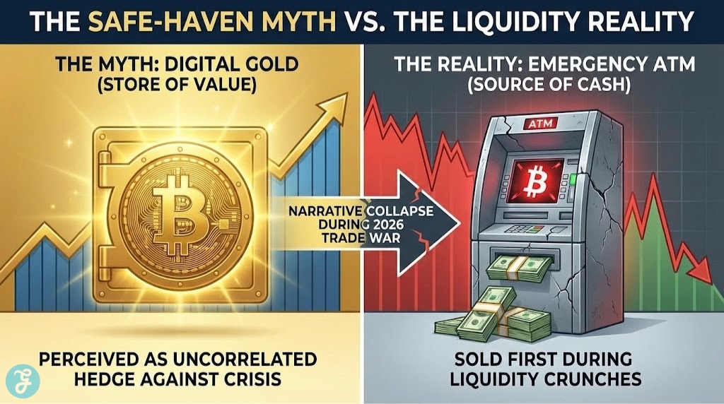 Infographic showing the Bitcoin safe-haven narrative collapse, contrasting the "digital gold" myth with the reality of it being sold as an "emergency ATM" during the 2026 Mexico trade war.