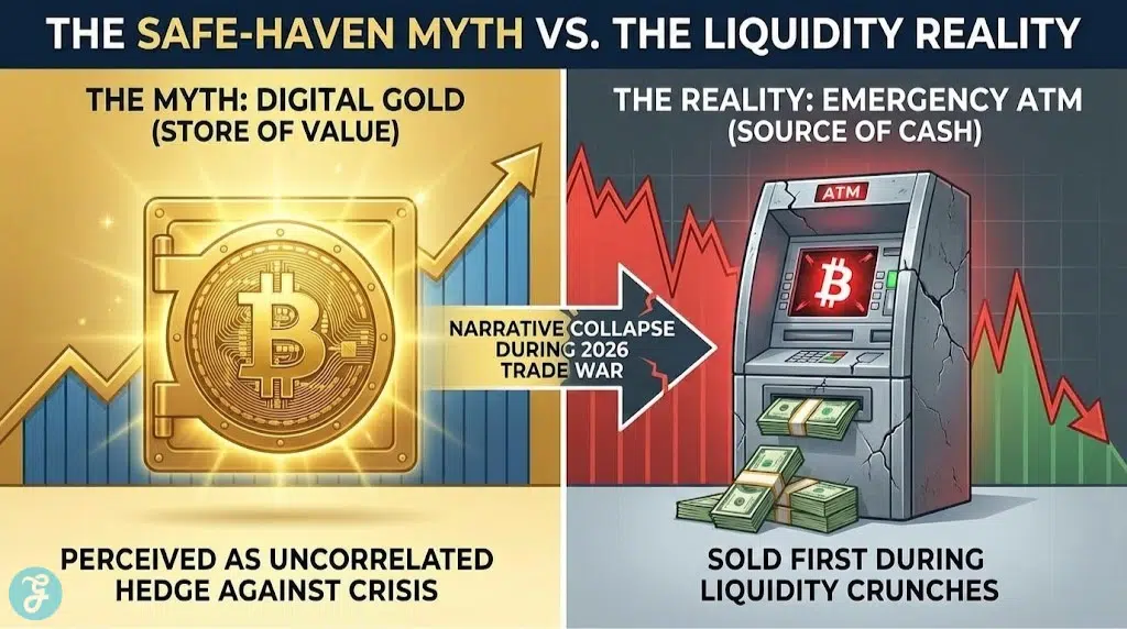 Infographic showing the Bitcoin safe-haven narrative collapse, contrasting the "digital gold" myth with the reality of it being sold as an "emergency ATM" during the 2026 Mexico trade war.