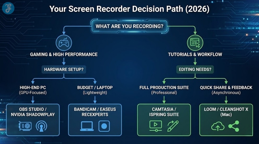 A flowchart infographic titled 'Your Screen Recorder Decision Path (2026)'. It starts with 'WHAT ARE YOU RECORDING?' and branches into 'GAMING & HIGH PERFORMANCE' (leading to 'OBS STUDIO / NVIDIA SHADOWPLAY' for high-end or 'BANDICAM / EASEUS RECEXPERTS' for budget) and 'TUTORIALS & WORKFLOW' (leading to 'CAMTASIA / ISPRING SUITE' for full production or 'LOOM / CLEANSHOT X' for quick sharing). Each path has relevant icons and is color-coded.