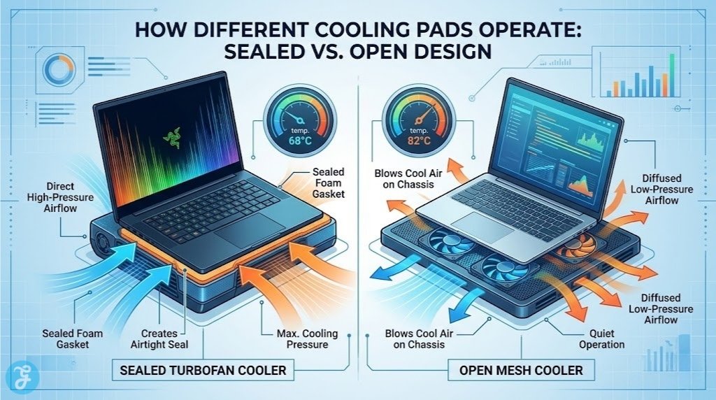 Technical infographic diagram comparing how sealed turbofan cooling pads (like IETS GT600) create airtight pressure vs. how open mesh pads (like Havit) use diffused airflow to cool a laptop, illustrating airflow paths and temperature differences.