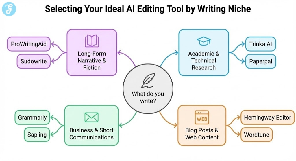 A mind-map infographic guiding writers to select the best AI editing tool based on their niche, including options for long-form fiction, academic research, business communication, and web content.