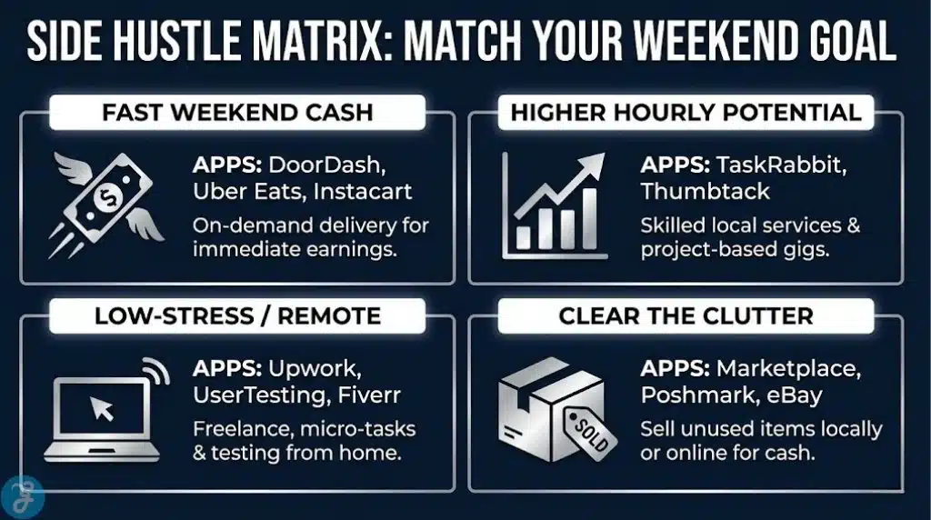 A grid-style infographic categorizing the best side hustle apps by user goals, such as fast cash, high hourly pay, remote work, or reselling.