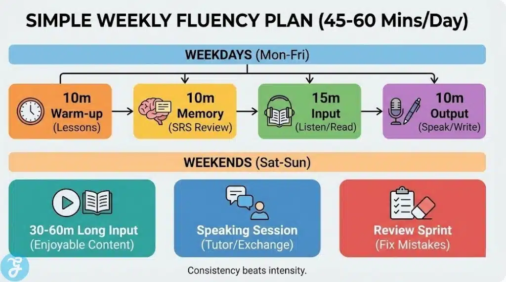 Visual schedule infographic outlining a simple weekly study plan for language fluency, breaking down daily weekday tasks into short blocks for warm-up, memory, input, and output, and allocating weekends for longer input, speaking practice, and review.