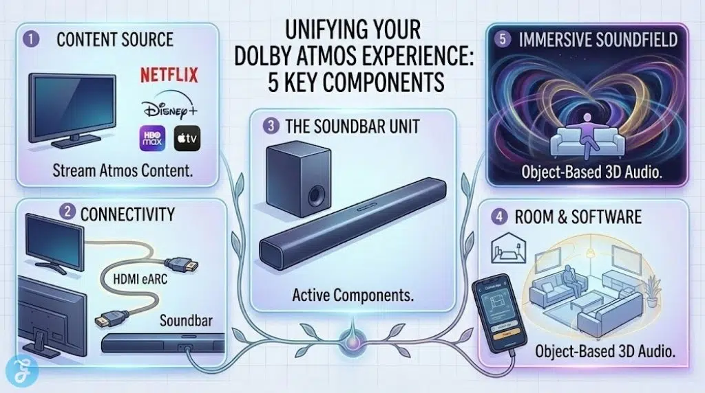 Simplified 5-step infographic showing a Dolby Atmos home theater setup, including streaming content, HDMI eARC connectivity, active soundbar components, room calibration software, and the final 3D immersive soundfield.