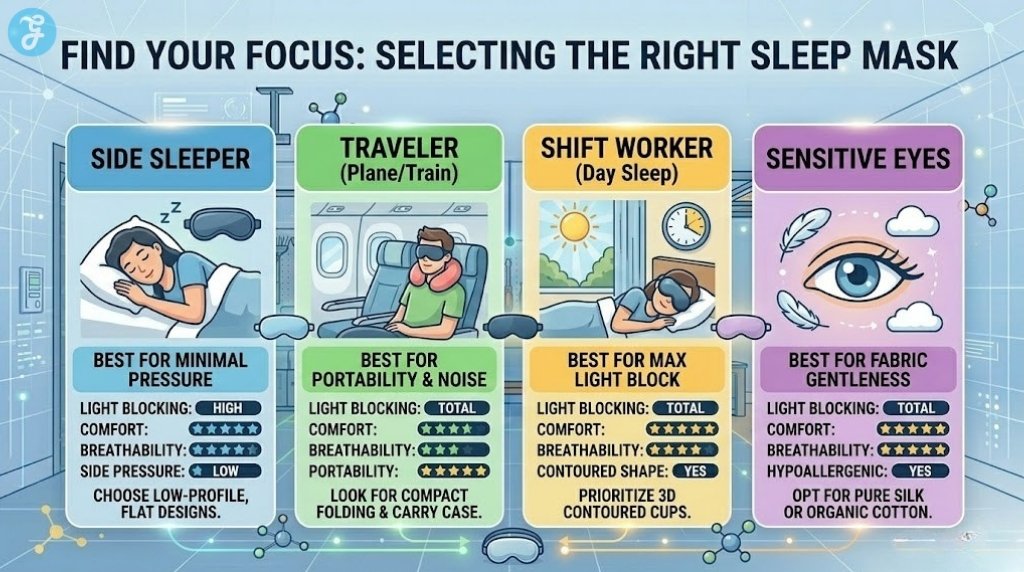 A 16:9 professional landscape infographic titled 'FIND YOUR FOCUS: SELECTING THE RIGHT SLEEP MASK'. Four horizontal panels with color-coded headers define distinct use cases: SIDE SLEEPER, TRAVELER (Plane/Train), SHIFT WORKER (Day Sleep), and SENSITIVE EYES. Each panel has a modern icon and a Feature Comparison Matrix with checkmarks, rating meters, and specific guide text (e.g., 'LOOK FOR COMPACT FOLDING'). Modern digital style with glowing elements.