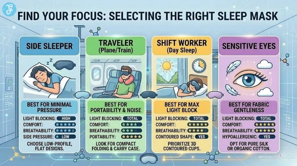 A 16:9 professional landscape infographic titled 'FIND YOUR FOCUS: SELECTING THE RIGHT SLEEP MASK'. Four horizontal panels with color-coded headers define distinct use cases: SIDE SLEEPER, TRAVELER (Plane/Train), SHIFT WORKER (Day Sleep), and SENSITIVE EYES. Each panel has a modern icon and a Feature Comparison Matrix with checkmarks, rating meters, and specific guide text (e.g., 'LOOK FOR COMPACT FOLDING'). Modern digital style with glowing elements.