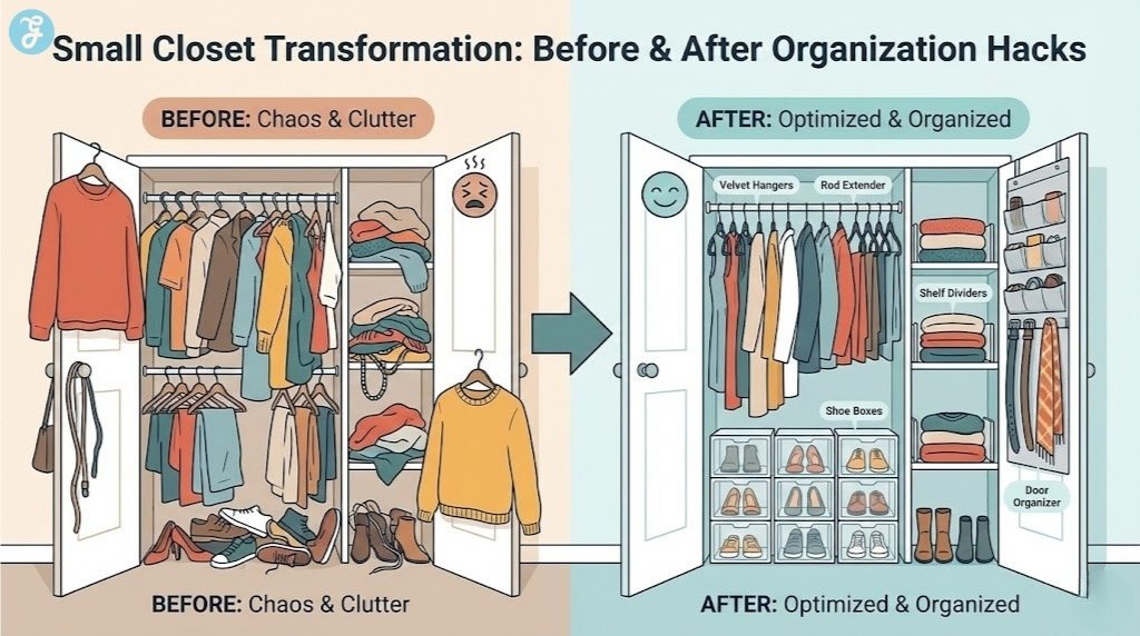 Before and after infographic showing a messy small closet transformed into an organized space using hacks like velvet hangers, rod extenders, and shelf dividers.