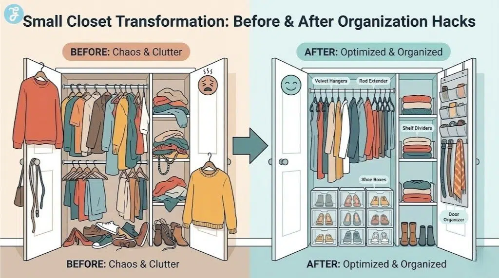 Before and after infographic showing a messy small closet transformed into an organized space using hacks like velvet hangers, rod extenders, and shelf dividers.